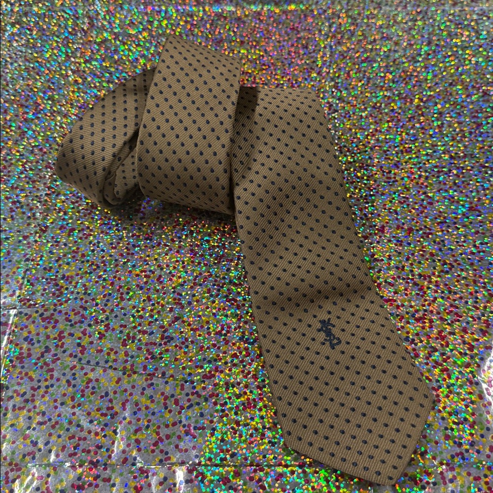 YSL Yves Saint Laurent vintage navy gold polka print pattern men’s tie like new